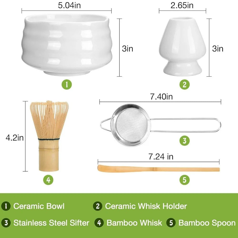 Matcha Set 5-teilig Keramik Grün – Traditionelles Matcha Tee Set mit Bambusbesen & Sieb