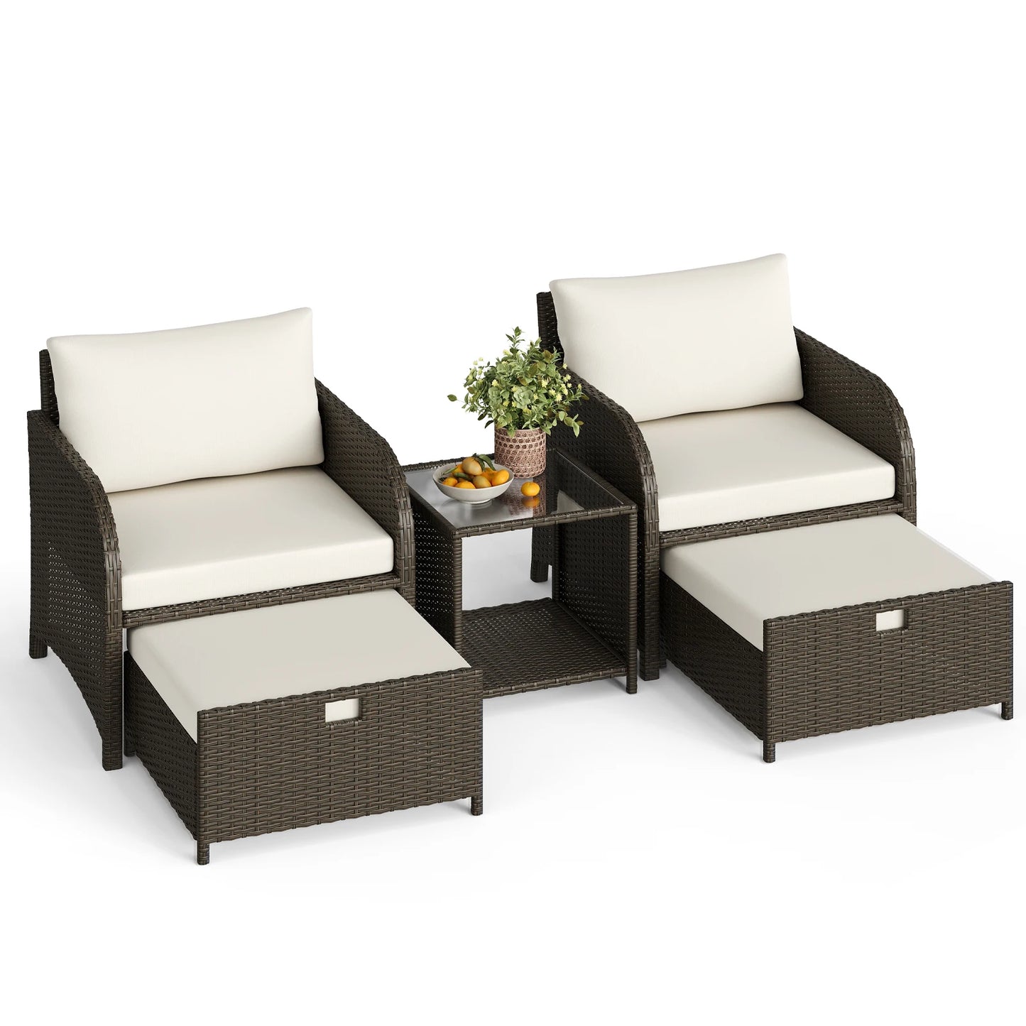Gartenmoebel Set 5-Teilig Natur – Polyrattan Sitzgruppe mit Hocker, Kissen & Glastisch fuer Balkon, Terrasse & Garten