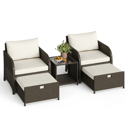 Gartenmoebel Set 5-Teilig Natur – Polyrattan Sitzgruppe mit Hocker, Kissen & Glastisch fuer Balkon, Terrasse & Garten