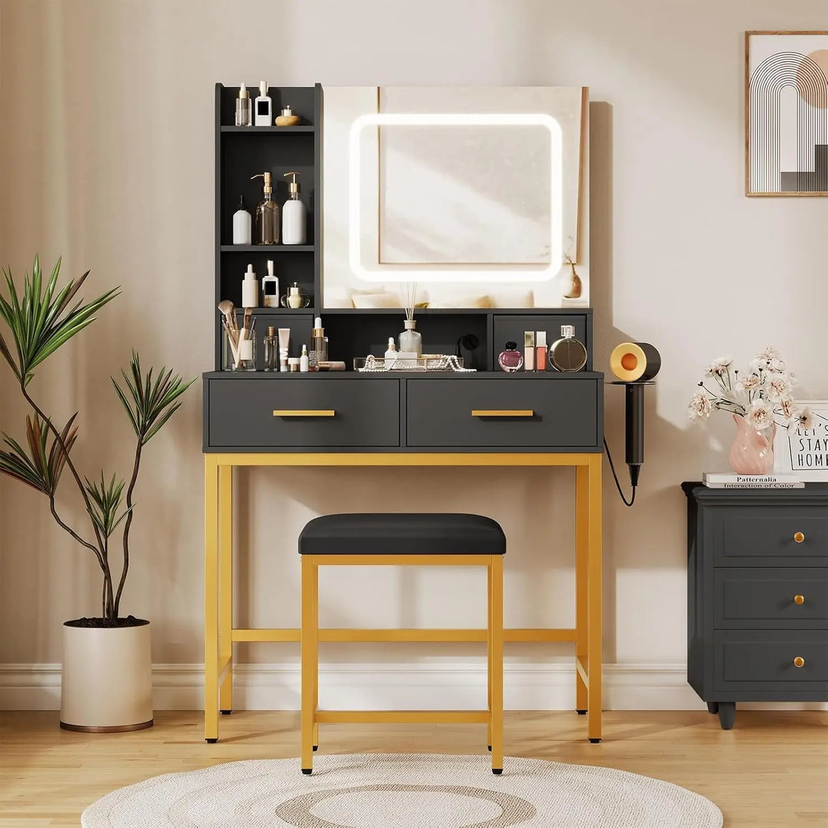 Schminktisch mit LED Beleuchtung Schwarz Gold – Moderner Frisiertisch mit Steckdosen & Spiegel