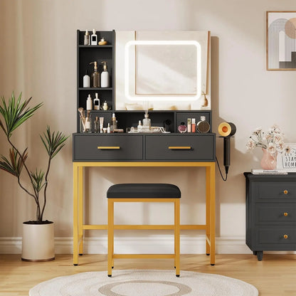 Schminktisch mit LED Beleuchtung Schwarz Gold – Moderner Frisiertisch mit Steckdosen & Spiegel