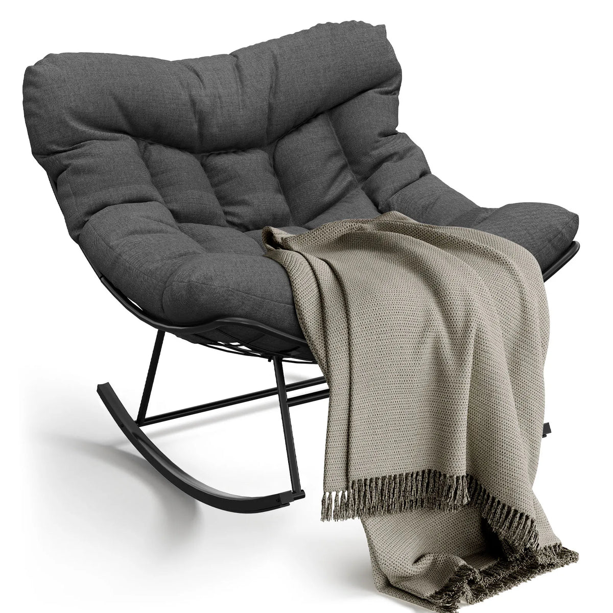 Garten Schaukelstuhl mit Hocker Beige – Wetterfester Rattan Polstersessel fuer Outdoor, Balkon & Terrasse bis 136kg