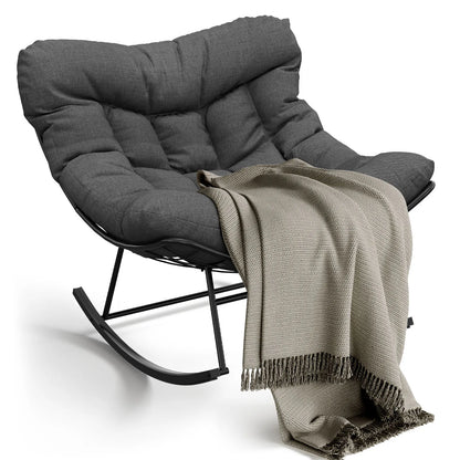 Garten Schaukelstuhl mit Hocker Beige – Wetterfester Rattan Polstersessel fuer Outdoor, Balkon & Terrasse bis 136kg