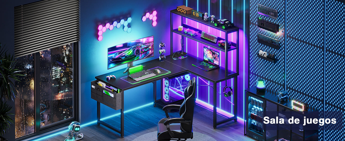 L-förmiger Gaming Schreibtisch LED Schwarz 135 cm – Eckschreibtisch mit Monitoraufsatz & Steckdosen