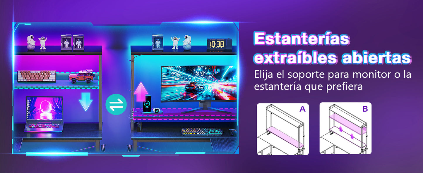L-förmiger Gaming Schreibtisch LED Schwarz 135 cm – Eckschreibtisch mit Monitoraufsatz & Steckdosen