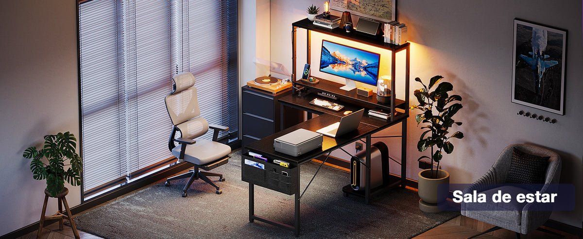 L-förmiger Gaming Schreibtisch LED Schwarz 135 cm – Eckschreibtisch mit Monitoraufsatz & Steckdosen