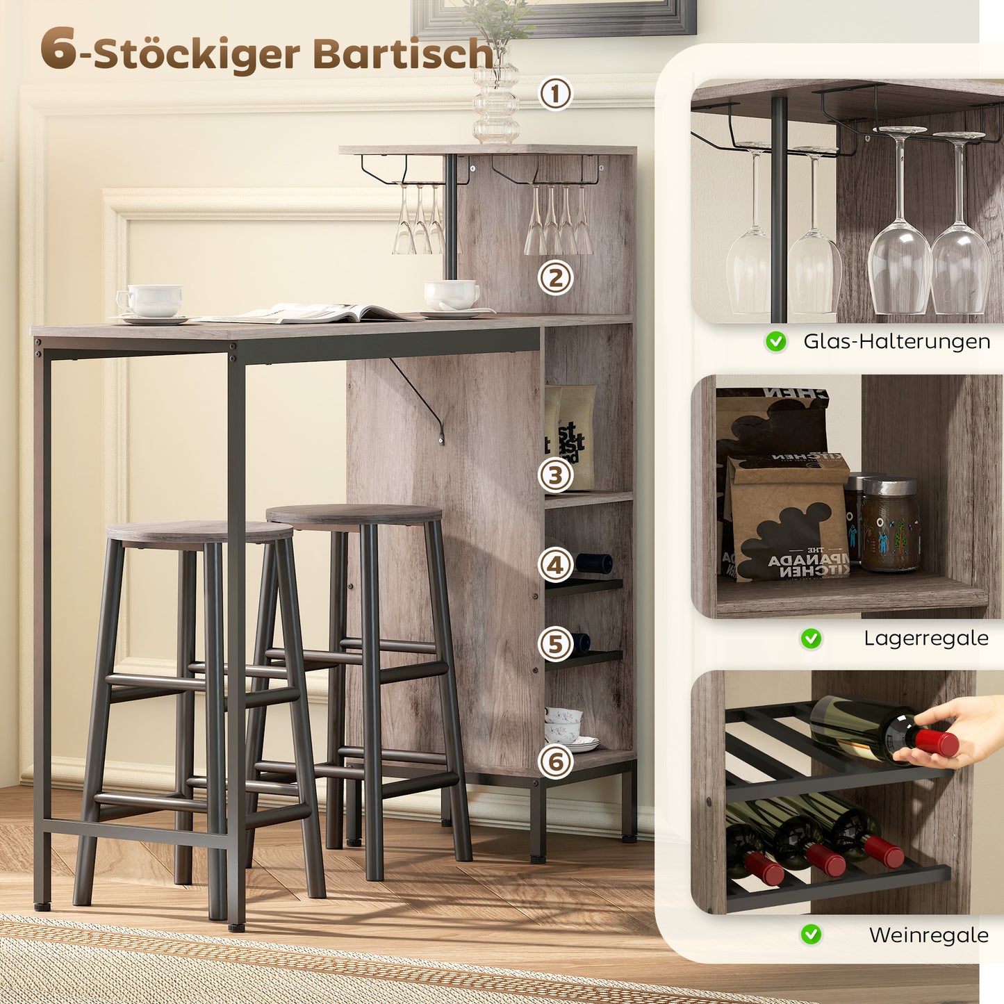 Bartisch Set 3-teilig mit Weinregal Graue Holzoptik – Stehtisch mit 2 Barhockern für kleine Räume